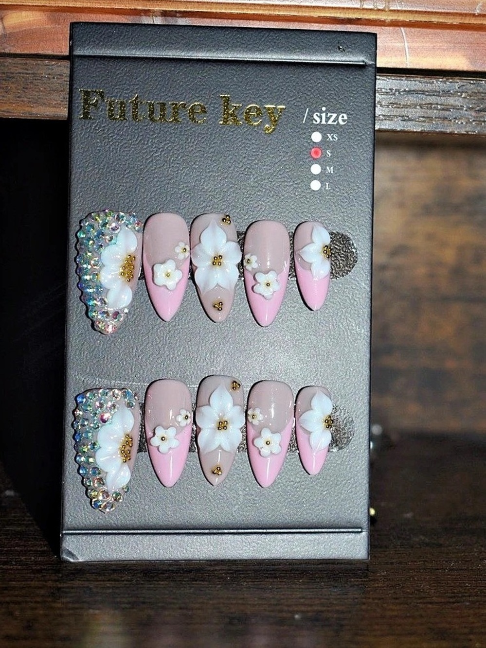 Pink 3D Floral Press-On Nails AB Rhinestone Thumb Size Small 2.5 Length